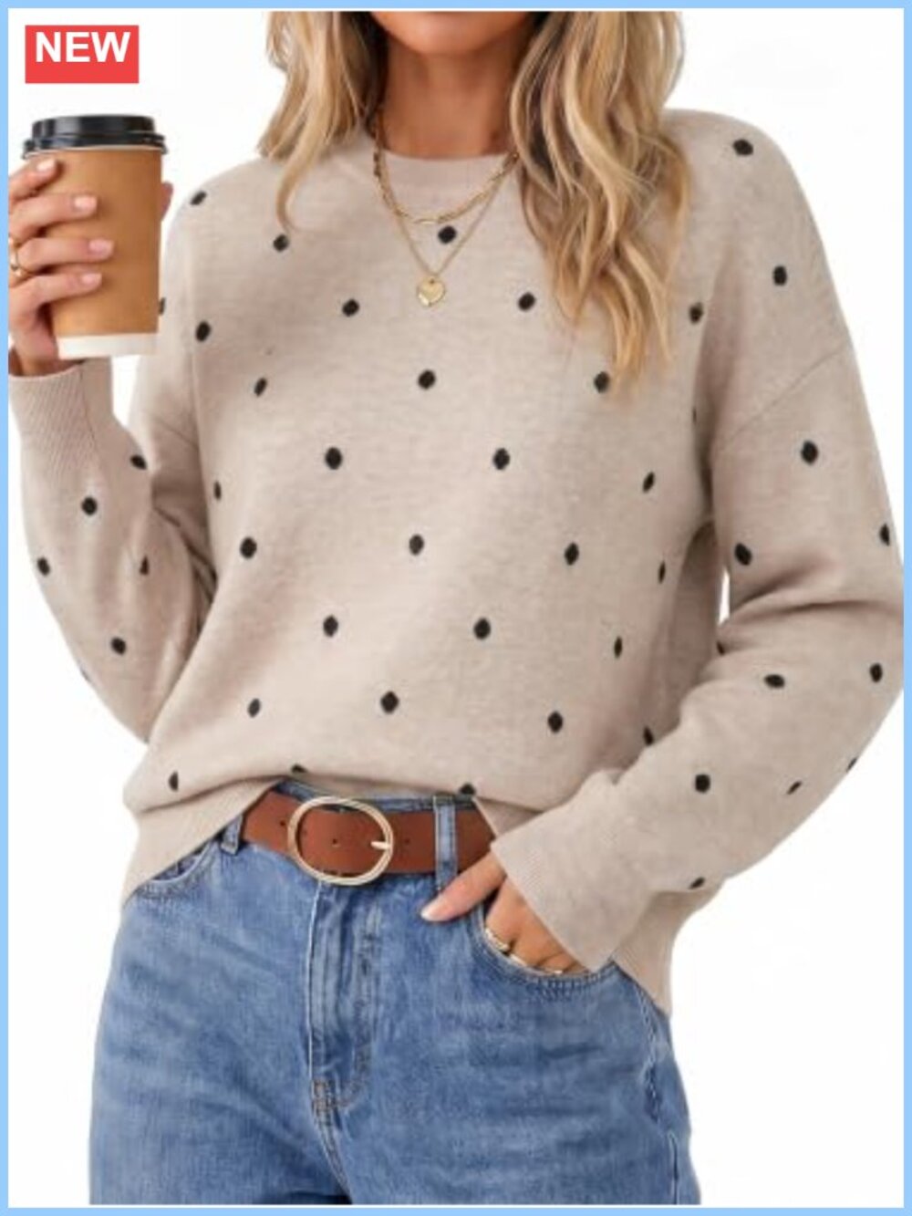 Wool Blend Crew Neck Polka Dot Pullover Sweater